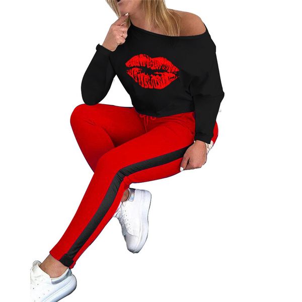

women two piece outfits fashion tracksuit long sleeve lip print t shirt pants leggings casual sports suits clothes s-xxl sale d8401, Gray