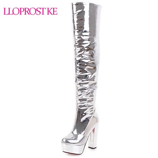 

lloprost ke fashion ladies over the knee boots patent leather silver platform stiletto thigh high heels footwear winter d184, Black