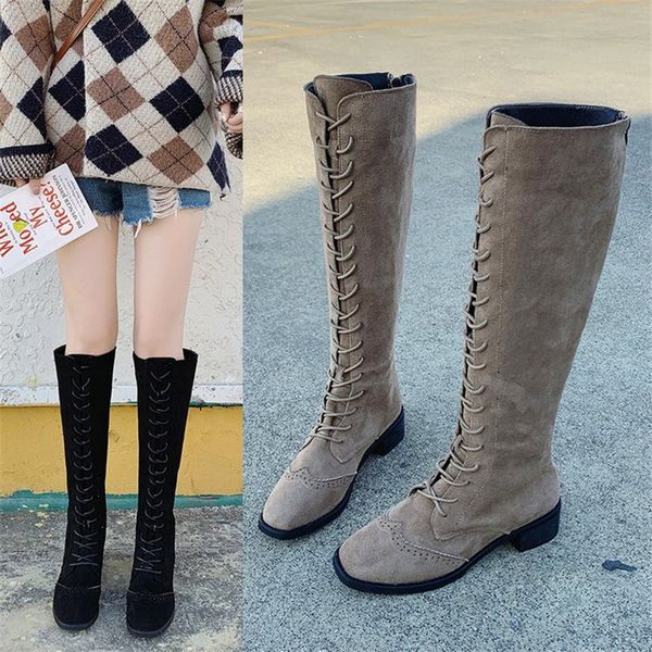 

2020 new women over knee boots girl round head fastened female boots frenulum square heels warm botas mujer black