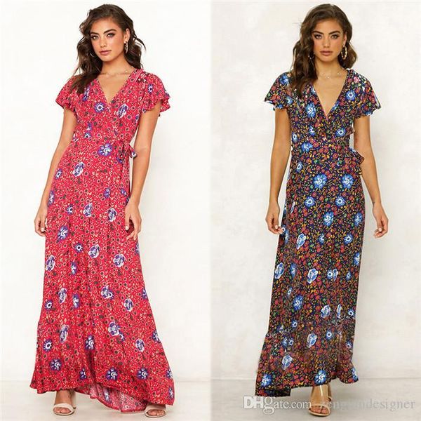 

maxi dresses v neck short sleeve fashion style female clothing fashion style casual apparel women clothing womens floral print, Black;gray