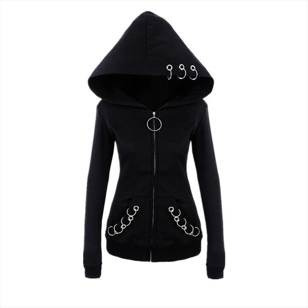 

women hoodies long gothic punk iron rings black loose hood jacket zipper coat casual sweatshirt tracksuit