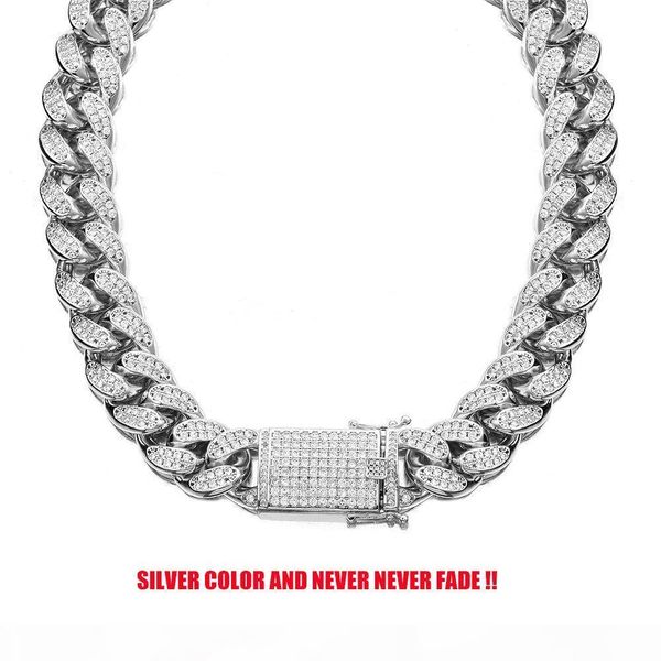 

18mm never fade stainless steel rhinestones cuban link chain necklace men hip hop bling iced out cz necklaces jewelry, Silver
