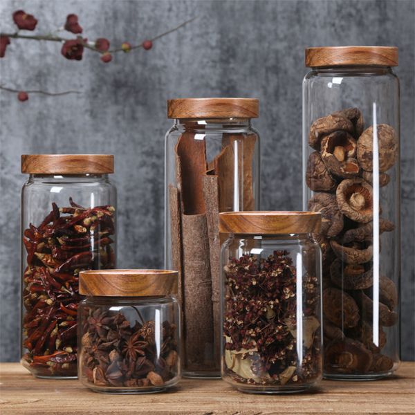 

transparent glass sealed canister kitchen storage bottles with bamboo lid jars grains leaf coffee beans candy jar