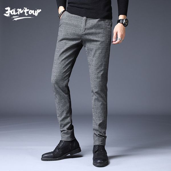 

2020 stretch plaid casual pants men autumn winter business thick plaid trousers men's straight warm trousers pant, Black