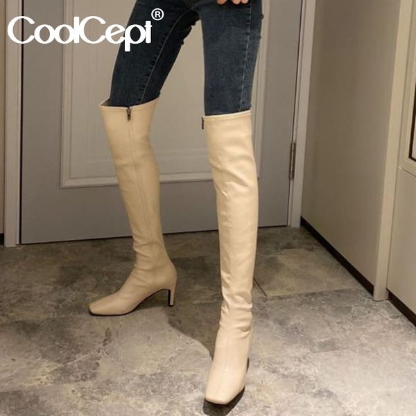 

boots coolcept women over knee high heel shoes lady warm winter fashion square toe casual footwear size 35-42, Black
