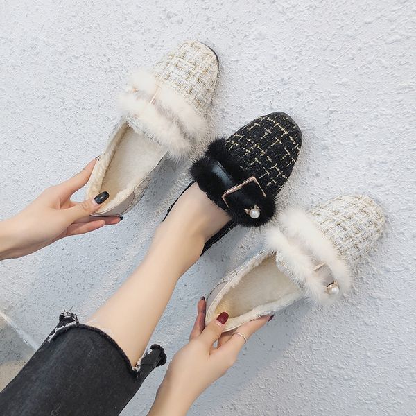 

lazy shoes pedal casual thick bottom plush shoes zapatos mujer women fashion peas female wear wild tassel warm u12-92, Black