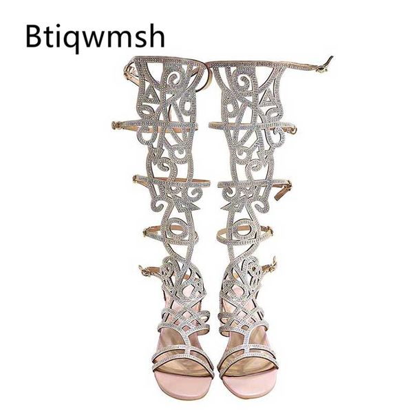 

boots 2021 rhinestone knee high woman peep toe cut out crystal jeweled heel shoes party, Black