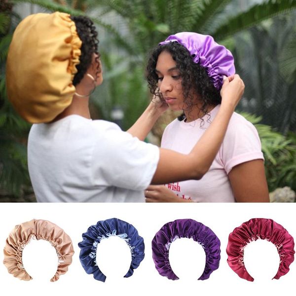 

womens satin sleep bonnet cap extra large double layer reversible contrast color adjustable hair loss chemo turban hat, Blue;gray
