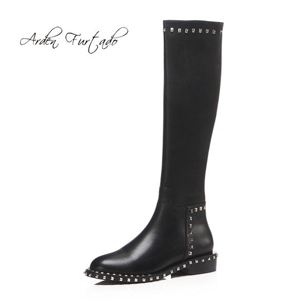 

boots arden furtado 2021 spring autumn flat rivets knee high round toe genuine leather fashion women's shoes 31 42, Black