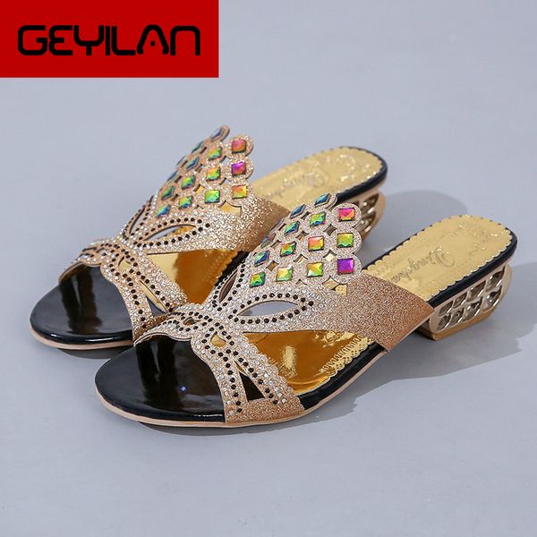 

women summer open toe chunky heel sandals fashion bling rhinestones beach flip flops slip on outside slides shoes woman, Black