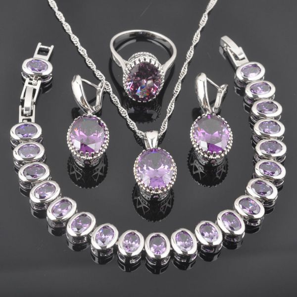

purple crystal jewellery sets for women wedding jewelry bracelet costume bridal earrings and necklace set pendant ring qs0195, Silver