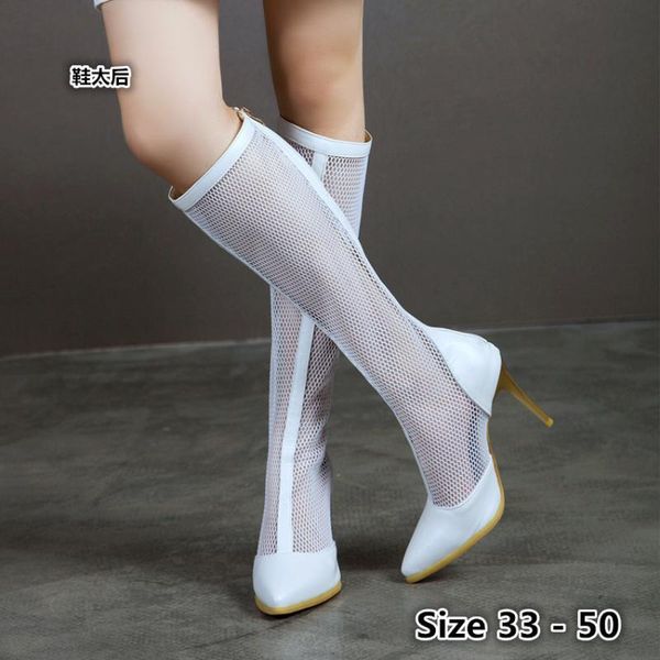 

summer hollow breathable high heel shoes knee high boots women heels woman long boots small big size 33 - 50, Black