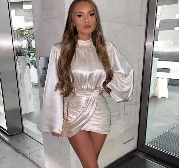 

colysmo white summer dress women stand collar lantern sleeve stain dresses woman party night wear club bodycon dress 2020002, Black;gray