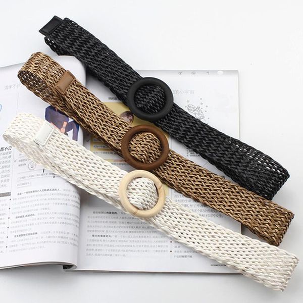 

2020 summer boho wide braided belt for women woven straw waist strap with round wooden buckle belts, Black;brown