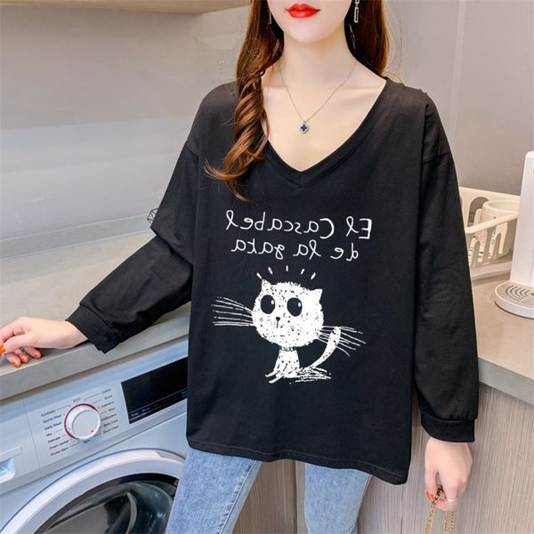 

2020 popular korean women's fat sister summer new cotton large size large size loose t-shirt long sleeve v-neck t-shirt zldcq, White