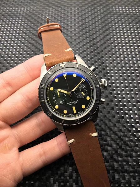 

43mm vintage chronograph chrono quartz divers carl brashear men watch wristwatch waterproof sapphire crystal leather strap limited edition, Slivery;brown