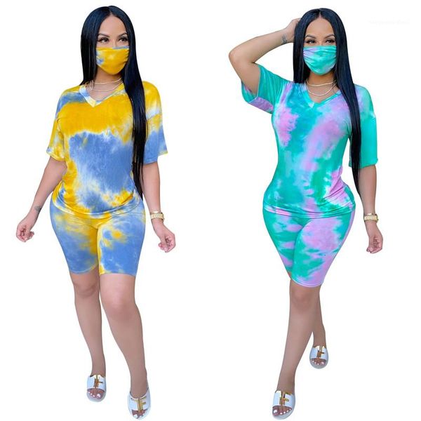 

summer short sleeve v neck tie dye woman two piece outfit fashion casual female clothing womens designer tracksuit, Gray