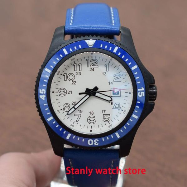 

bliger 44mm white sterile dial blue ceramic bezel pvd coated case miyota 8215 automatic movement men's wrist watch, Slivery;brown