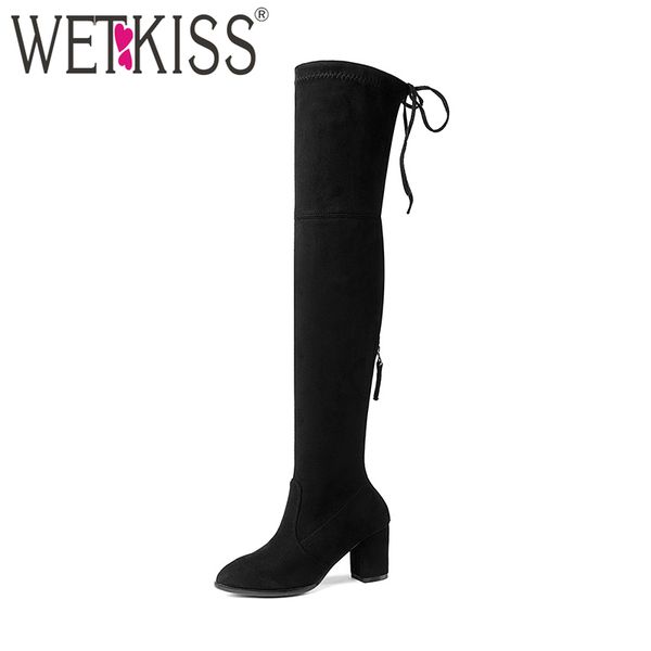 

wetkiss 2020 latest woman thigh high boot faux suede stretch lady over knee boot thick high heels shoes women winter big size, Black