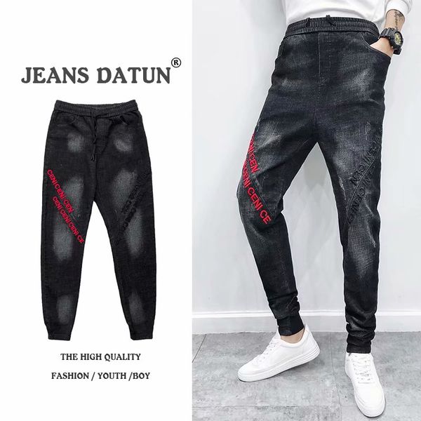 

new men in black elastic foot jeans han edition tide embroidered draw string beam foot haroun pants icons, Blue