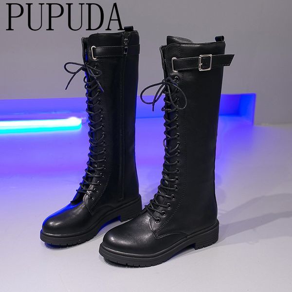 

pupuda women boots winter knee high boots women leather casual platform fashion cowboy shoes female 2020, Black