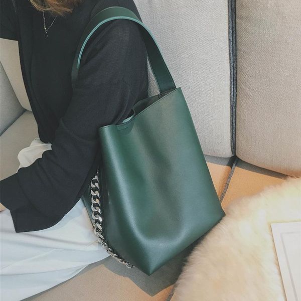 

Casual Big Chain Bukcets Bag Women Shoulder Bags Pu Leather Handbags Large Capacity Female Totes Ladies Purses