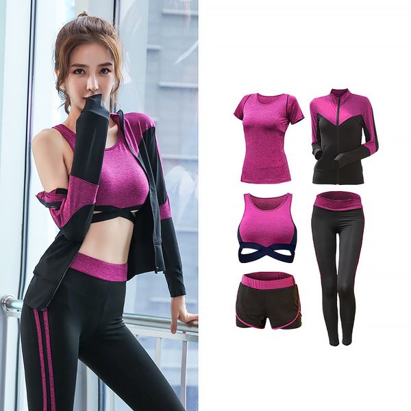 

2020 tracksuit female set of 5 pieces of sportswear for yoga, for gym, women's training, athletics, running fitness outfit, White;red