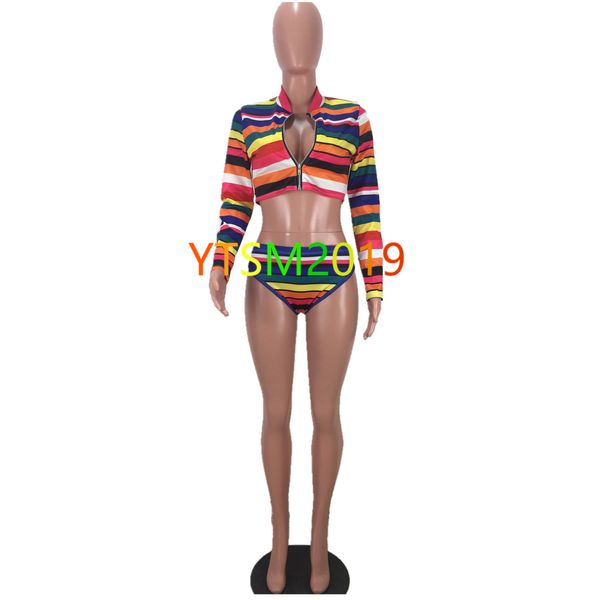 

swimsuit women's rainbow stripes bikini bathing suit summer style long sleeve swimming suit, White;black