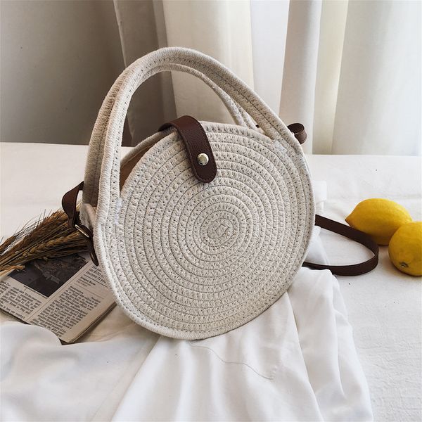 

round women's shoulder bag cotton rope woven handbag bohemian straw beach bags handmade female messenger crossbody bag