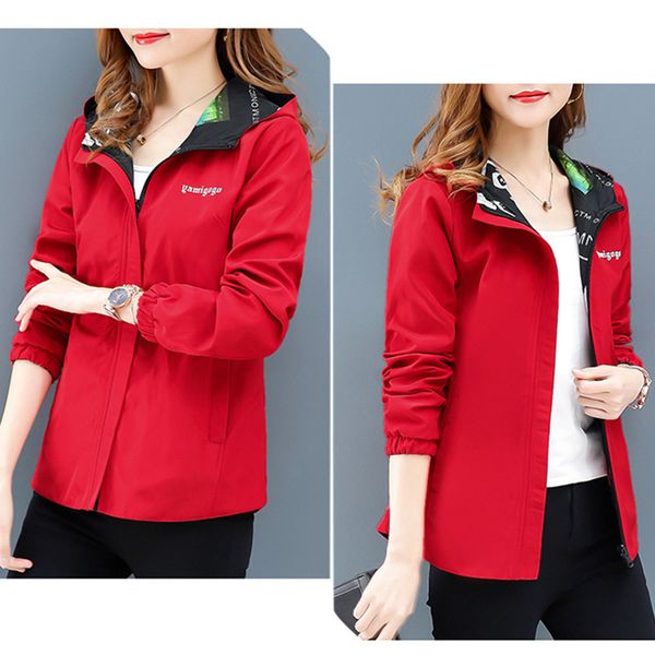 

zipper printed on both sides wearing hooded jacket female spring autumn windbreaker casual loose thin coat jacket women outwear, Tan;black