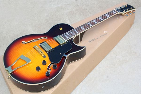 Fábrica Custom Hollow Sunburst Guitarra Elétrica com Folheamento de Bordo de Chama, Hardwares de Ouro, Pickguard Preto, Ligação Branca, Pode ser personalizado