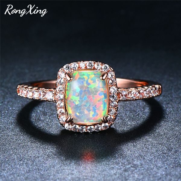 

rongxing white/blue fire opal ring rose gold filled square stone rainbow birthstone rings for women zircon fashion jewelry gifts, Golden;silver