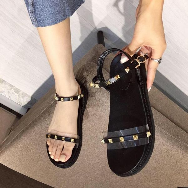 

ymechic women summer 2020 new black sandals flat heel rivet platform peep toe buckle fashion rome beach ladies shoes drop ship