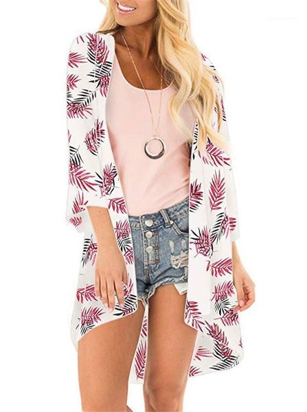 

sunscreen blouse floar printed long sleeve cape women fashion loose coat prevent bask clothes summer beach chiffon, Black