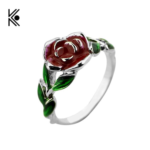 

2020 rose tree rings rose design engagement ring red green enamel jewelry his beauty/her beast jewel, Golden;silver