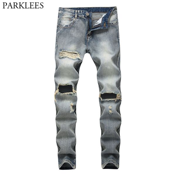 

men's big hole retro style straight jeans pants 2020 brand casual washed cotton denim trousers mens hiphop hi street jeans homme, Blue