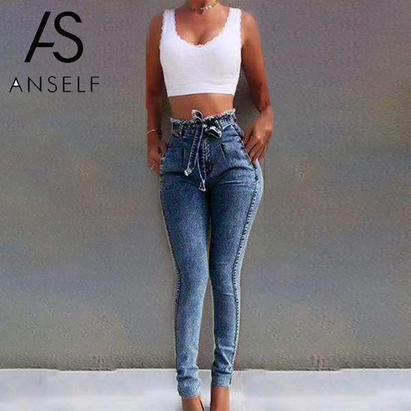 

fashion skinny jeans women autumn solid color high waist jeans sashes stretch bodycon tassel push up plus size denim pants 5xl, Blue