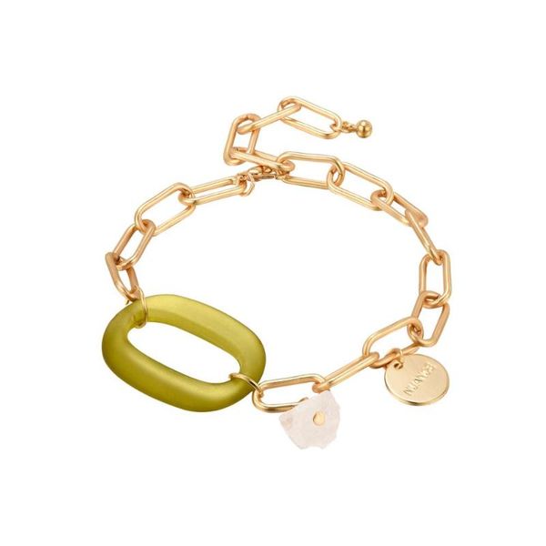 

link, chain jinsen simple gold bracelet with hallow acrylic oval charm and coin pendant, Black