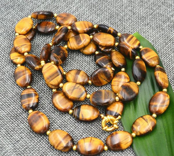 

long 36 inches genuine natural tiger eye gems stone oval beads necklace, Silver
