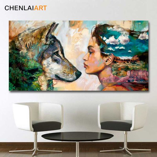 

paintings canvas prints painting abstract modern wolf and girl wall art animals posters pictures for living room no frame