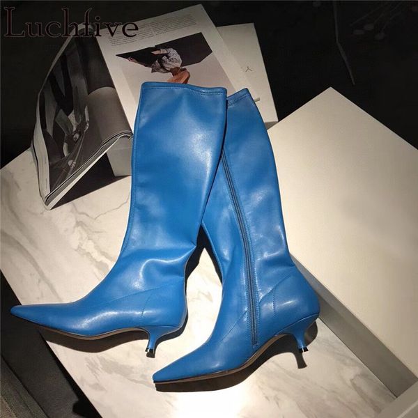 

new knee high boots women retro pointy toe kitten heel knight boots brand shoes blue black elastic leather long mujer