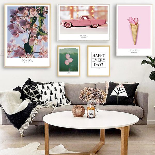 

розовый автомобиль ice cream печать холст цветок дерево листья плакаты balloon quote pictures home decor стены искусства для гостиной спальн
