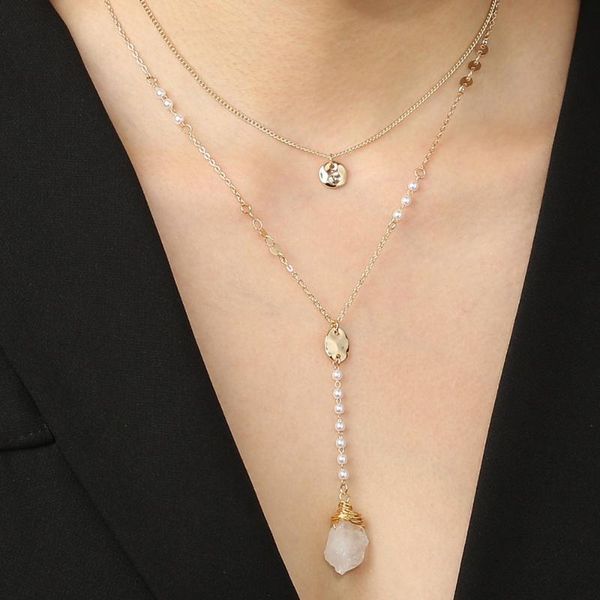 

fashionable wild shaped transparent natural stone pendant simple small fresh double layered pearl necklace, Silver