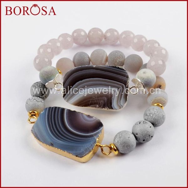 

borosa 5pcs stylish gold/silver color botswana agates with 10mm multi stone beads bracelet druzy bangle jewelry g1634 s1634, Black