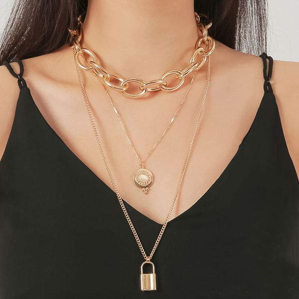 

преувеличивают блокировка ожерелье punk длинные цепи choker ожерелье простой круглый opal многослойные свитер мода ювелирные изделия, Silver