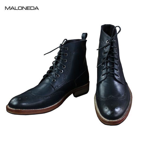 

malonede bespoke retro men's lace up brogue dress short boots shoes handmade genuine leather sole goodyear welted leather boots, Black
