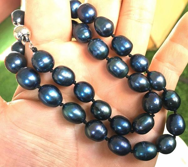 

natural pearl 10-11mm tahitian black blue rice pearl necklace 18, Silver