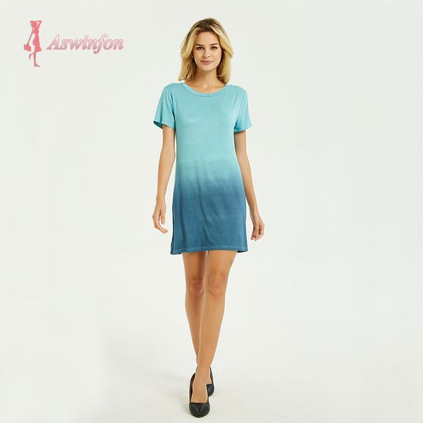 

casual dresses aswinfon tshirt dress cotton women gradient color summer short sleeve tunic loose t-shirt, Black;gray