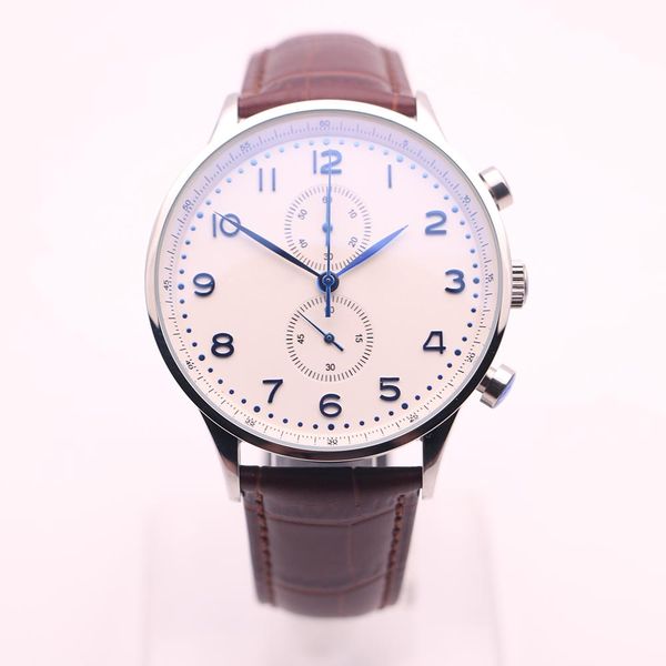 

2020 men's classic pilots watch 46mm white dial vk quartz chronograph movement leather strap mens business fashion wristwatch, Slivery;brown