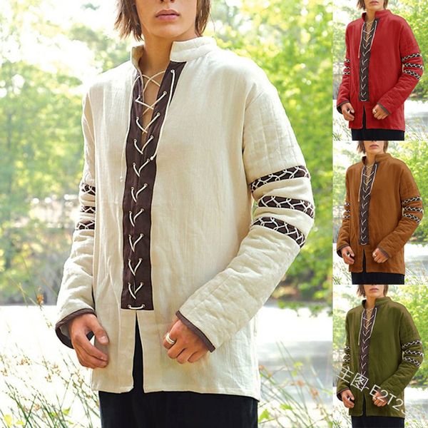 

men's casual shirts wepbel men medival shirt vintage stand collar strap long-sleeved upper garment clothing, White;black